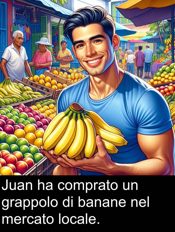 banane: Juan ha comprato un grappolo di banane nel mercato locale.