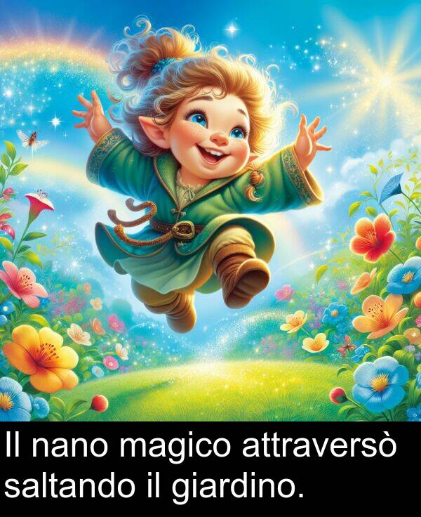 giardino: Il nano magico attraversò saltando il giardino.