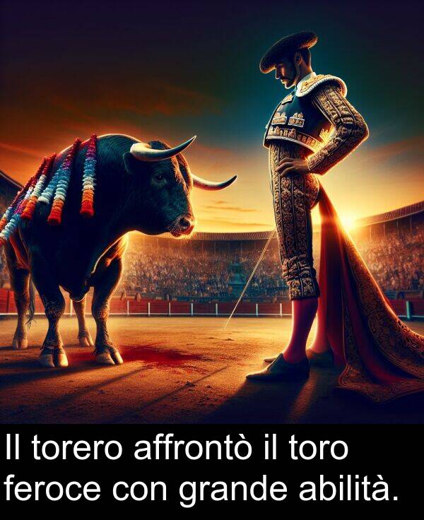 grande: Il torero affrontò il toro feroce con grande abilità.