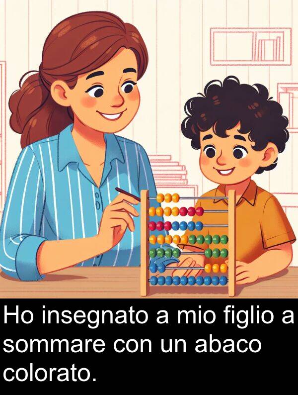 figlio: Ho insegnato a mio figlio a sommare con un abaco colorato.