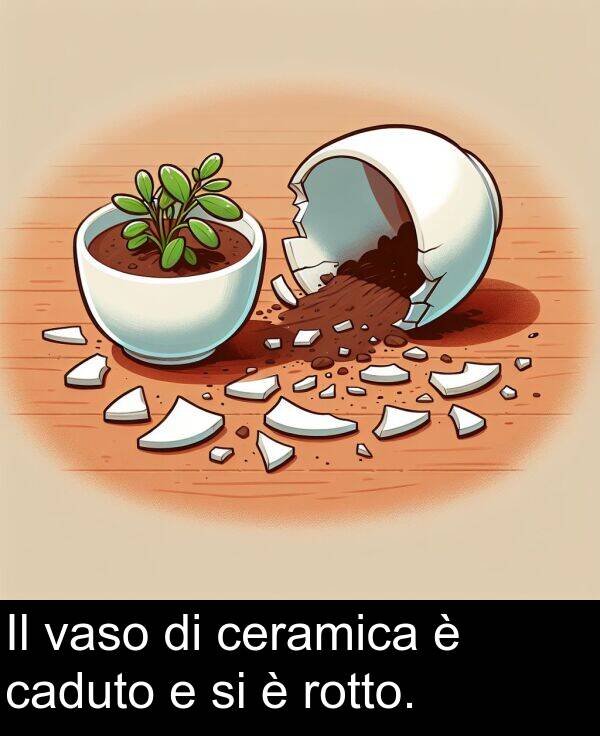 rotto: Il vaso di ceramica è caduto e si è rotto.