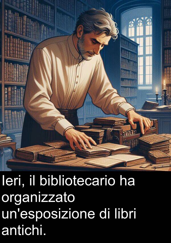 bibliotecario: Ieri, il bibliotecario ha organizzato un'esposizione di libri antichi.