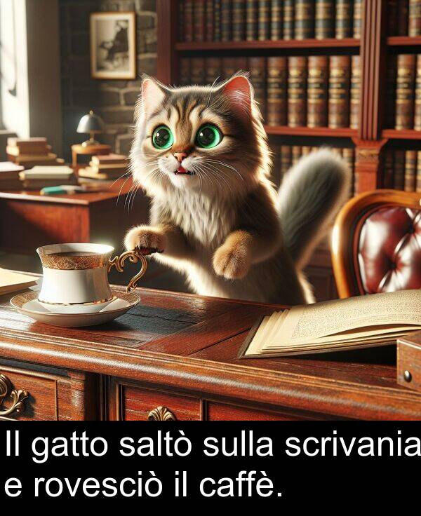gatto: Il gatto saltò sulla scrivania e rovesciò il caffè.