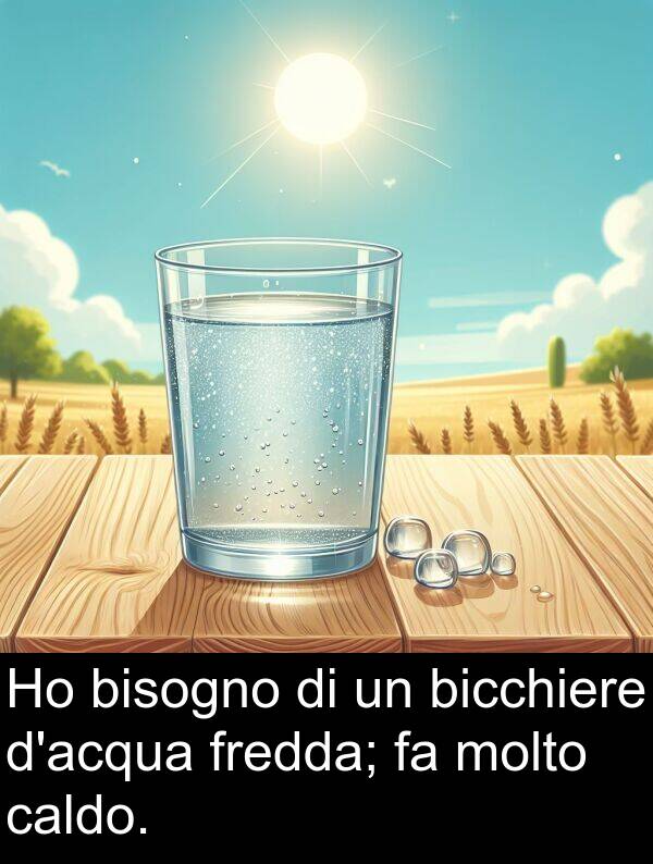 fredda: Ho bisogno di un bicchiere d'acqua fredda; fa molto caldo.