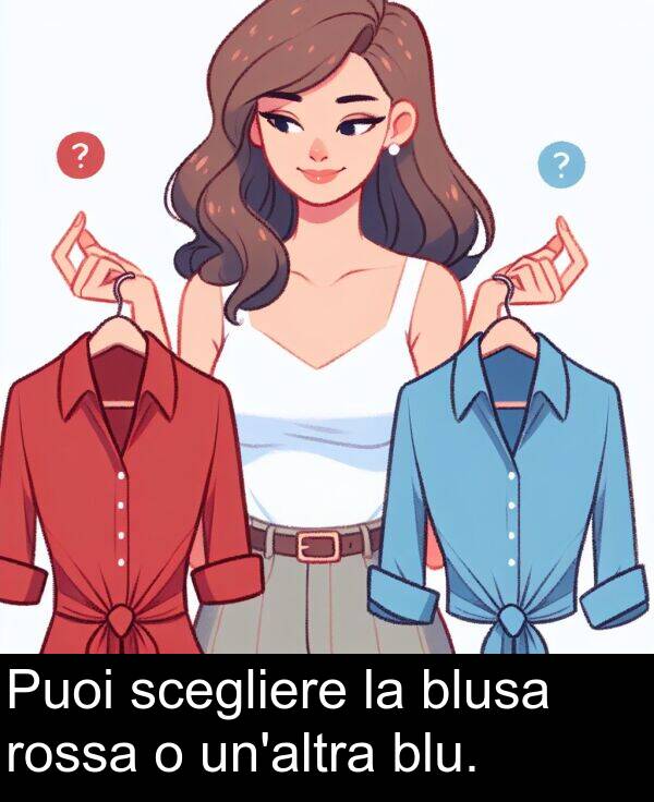 blu: Puoi scegliere la blusa rossa o un'altra blu.