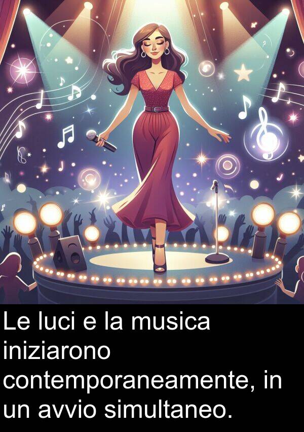 contemporaneamente: Le luci e la musica iniziarono contemporaneamente, in un avvio simultaneo.