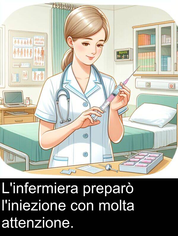 attenzione: L'infermiera preparò l'iniezione con molta attenzione.