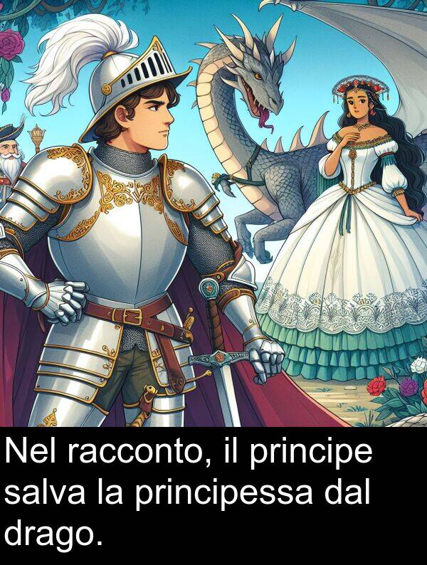 salva: Nel racconto, il principe salva la principessa dal drago.