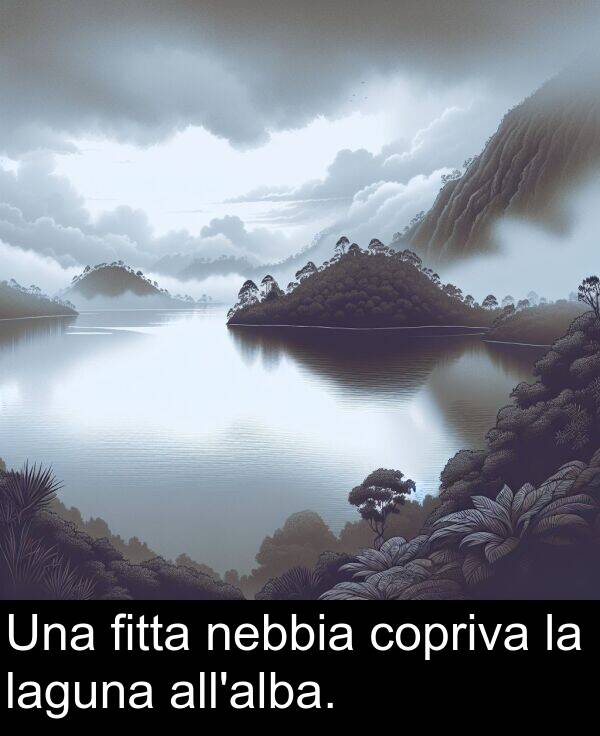 laguna: Una fitta nebbia copriva la laguna all'alba.
