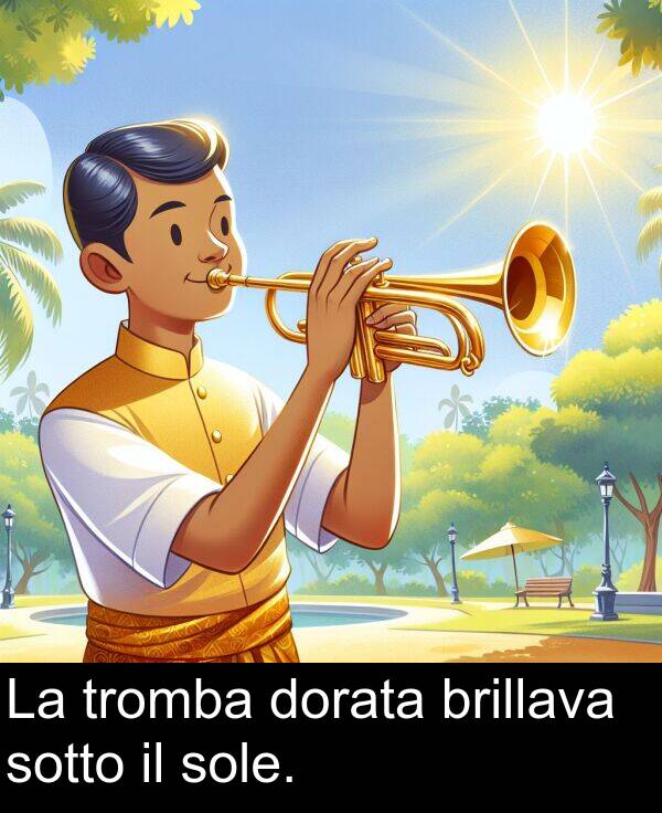brillava: La tromba dorata brillava sotto il sole.