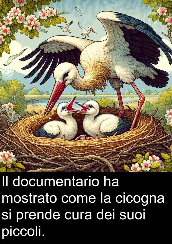 documentario: Il documentario ha mostrato come la cicogna si prende cura dei suoi piccoli.