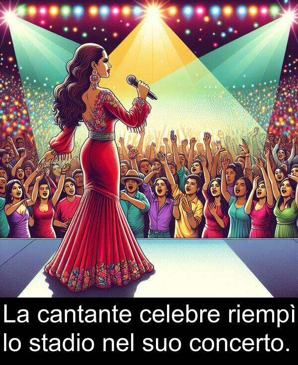 riempì: La cantante celebre riempì lo stadio nel suo concerto.