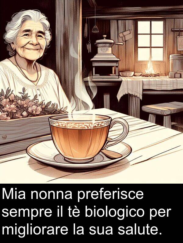 biologico: Mia nonna preferisce sempre il tè biologico per migliorare la sua salute.