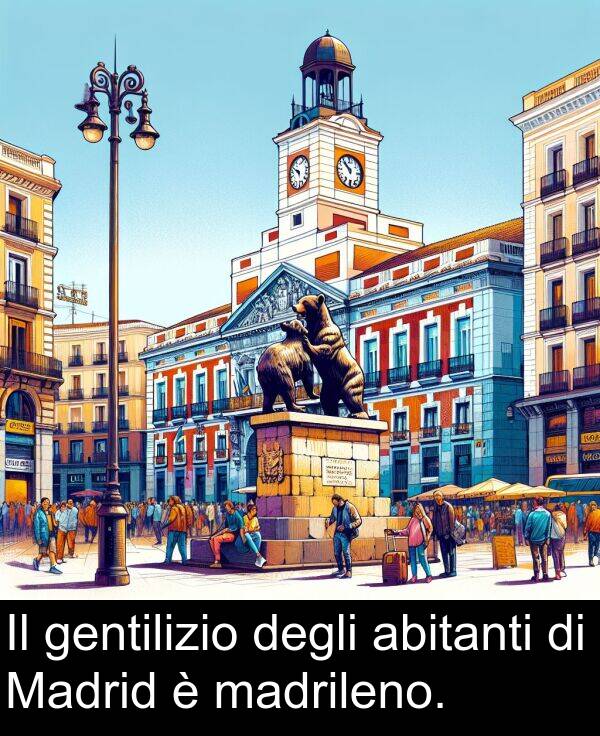 degli: Il gentilizio degli abitanti di Madrid è madrileno.