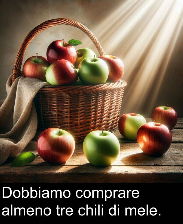 comprare: Dobbiamo comprare almeno tre chili di mele.