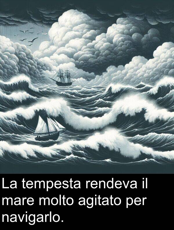 agitato: La tempesta rendeva il mare molto agitato per navigarlo.