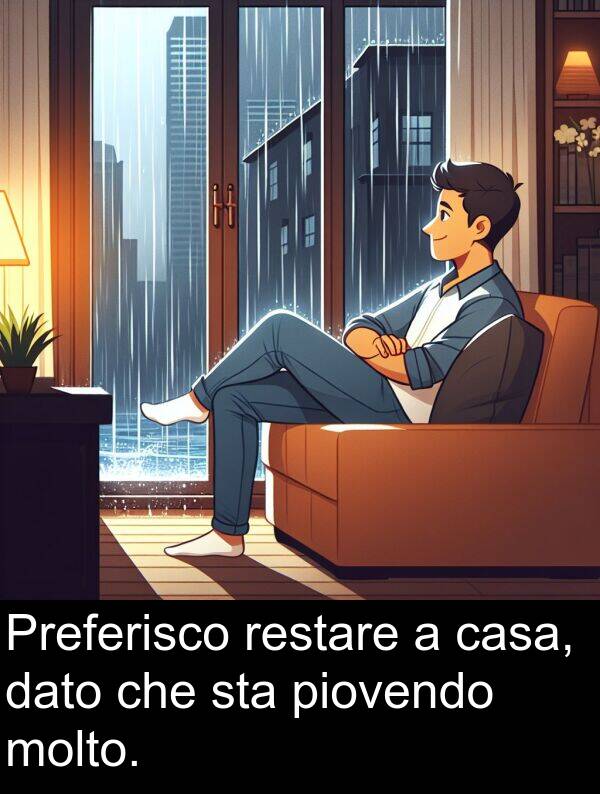 dato: Preferisco restare a casa, dato che sta piovendo molto.