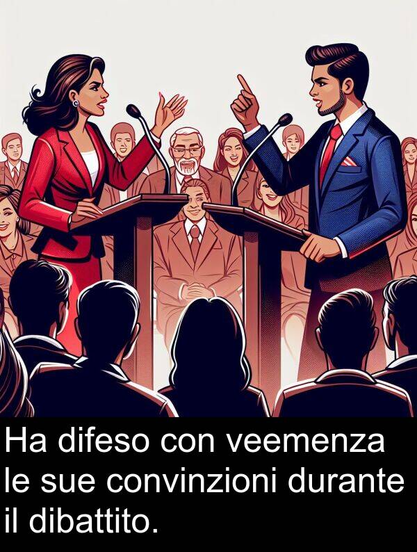 veemenza: Ha difeso con veemenza le sue convinzioni durante il dibattito.