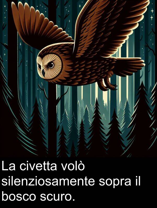 sopra: La civetta volò silenziosamente sopra il bosco scuro.