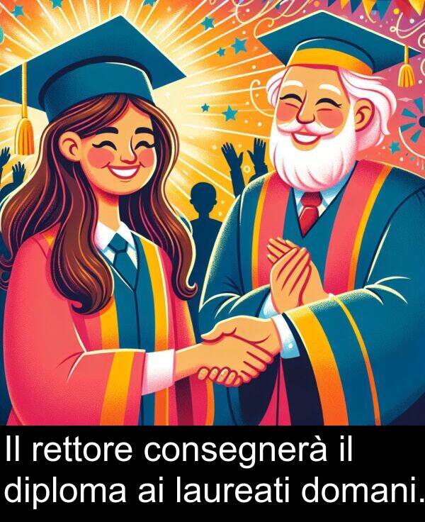 consegnerà: Il rettore consegnerà il diploma ai laureati domani.
