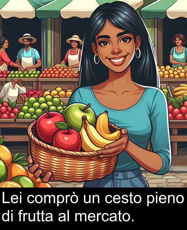mercato: Lei comprò un cesto pieno di frutta al mercato.
