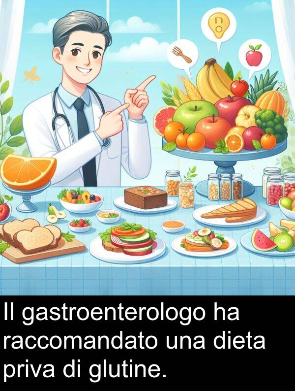 glutine: Il gastroenterologo ha raccomandato una dieta priva di glutine.