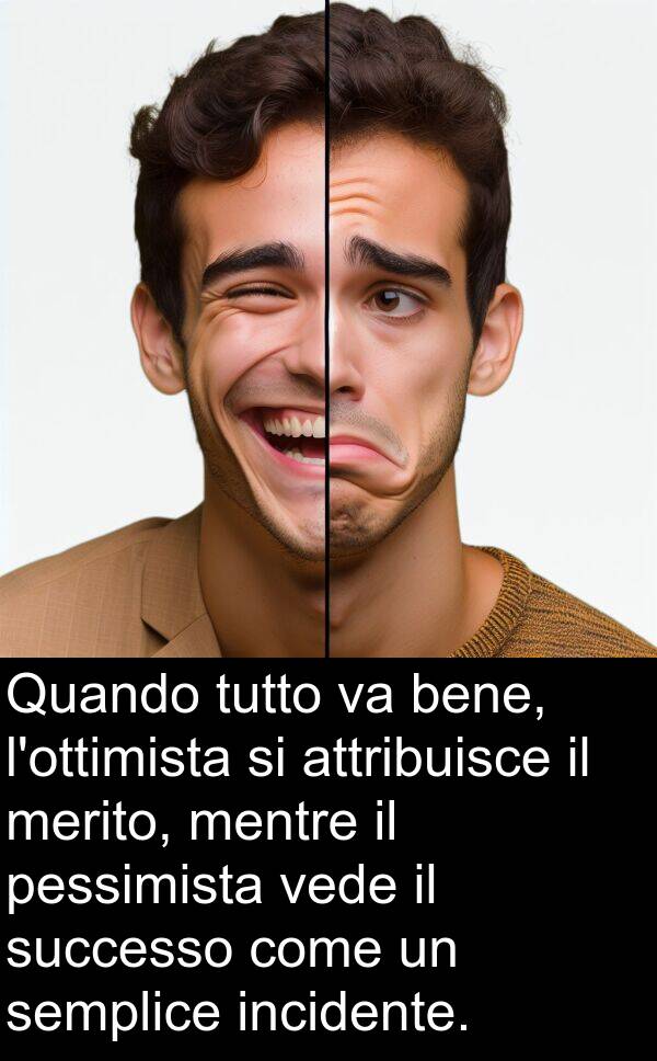 attribuisce: Quando tutto va bene, l'ottimista si attribuisce il merito, mentre il pessimista vede il successo come un semplice incidente.