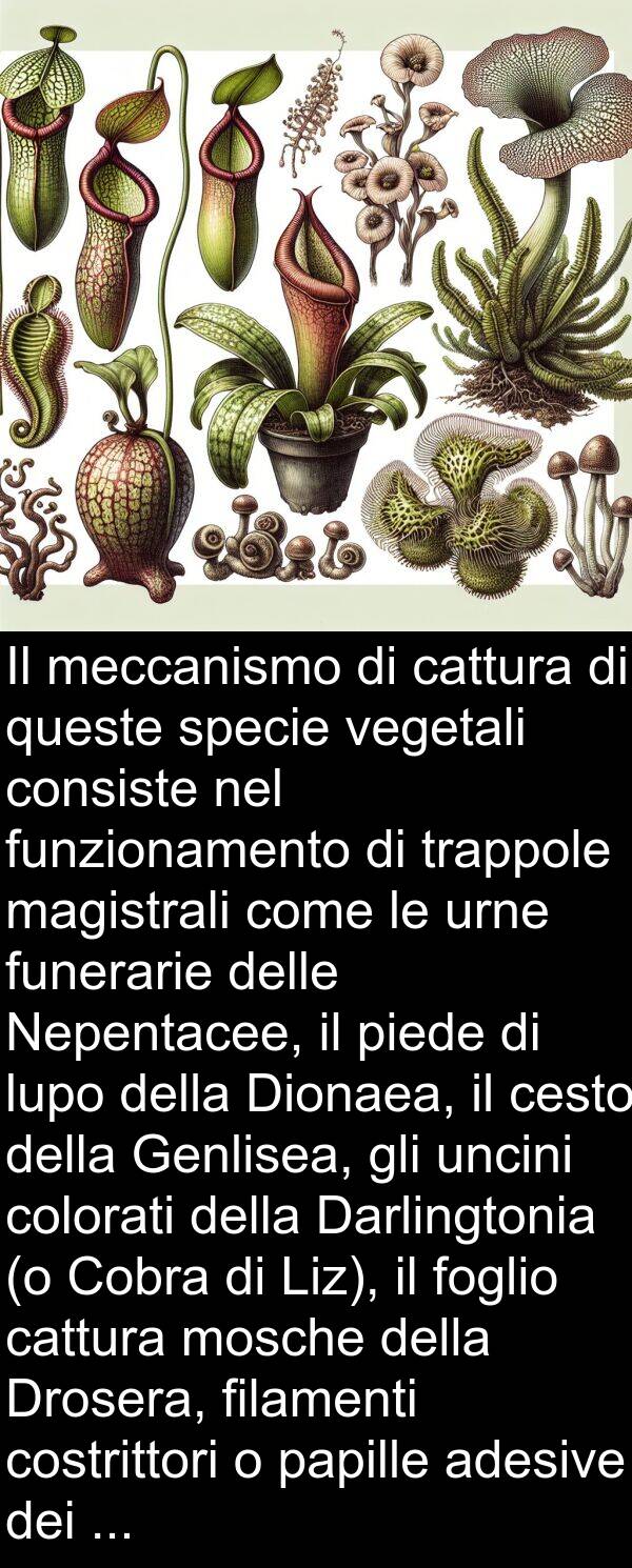 vegetali: Il meccanismo di cattura di queste specie vegetali consiste nel funzionamento di trappole magistrali come le urne funerarie delle Nepentacee, il piede di lupo della Dionaea, il cesto della Genlisea, gli uncini colorati della Darlingtonia (o Cobra di Liz), il foglio cattura mosche della Drosera, filamenti costrittori o papille adesive dei funghi acquatici del tipo degli Zoofagi.