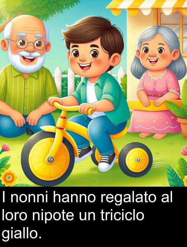 loro: I nonni hanno regalato al loro nipote un triciclo giallo.