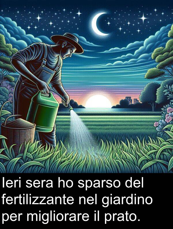 sparso: Ieri sera ho sparso del fertilizzante nel giardino per migliorare il prato.