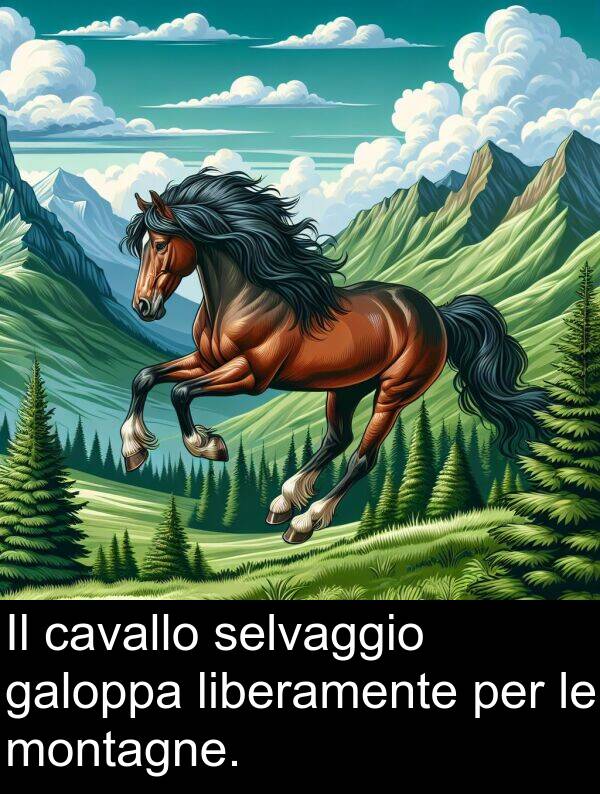galoppa: Il cavallo selvaggio galoppa liberamente per le montagne.