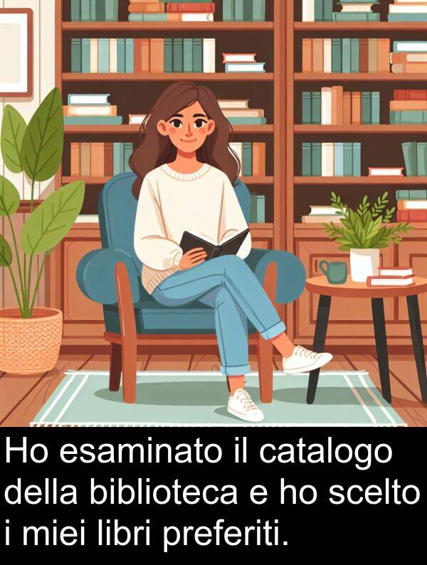 catalogo: Ho esaminato il catalogo della biblioteca e ho scelto i miei libri preferiti.