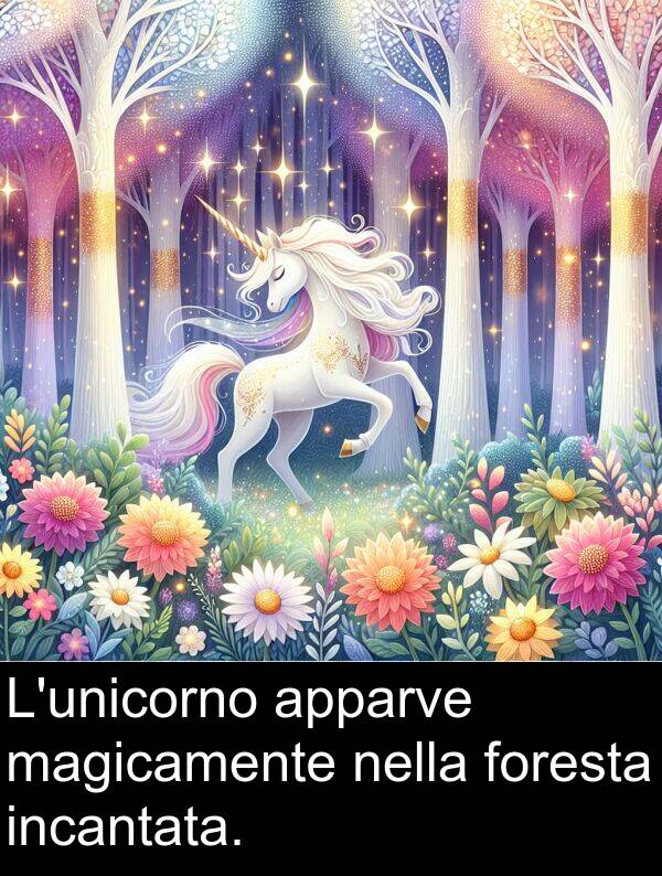 magicamente: L'unicorno apparve magicamente nella foresta incantata.