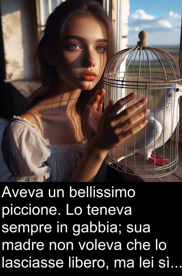 lasciasse: Aveva un bellissimo piccione. Lo teneva sempre in gabbia; sua madre non voleva che lo lasciasse libero, ma lei sì...