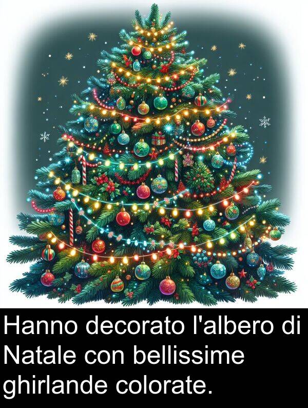 decorato: Hanno decorato l'albero di Natale con bellissime ghirlande colorate.