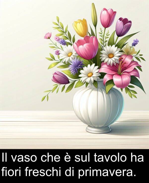 sul: Il vaso che è sul tavolo ha fiori freschi di primavera.