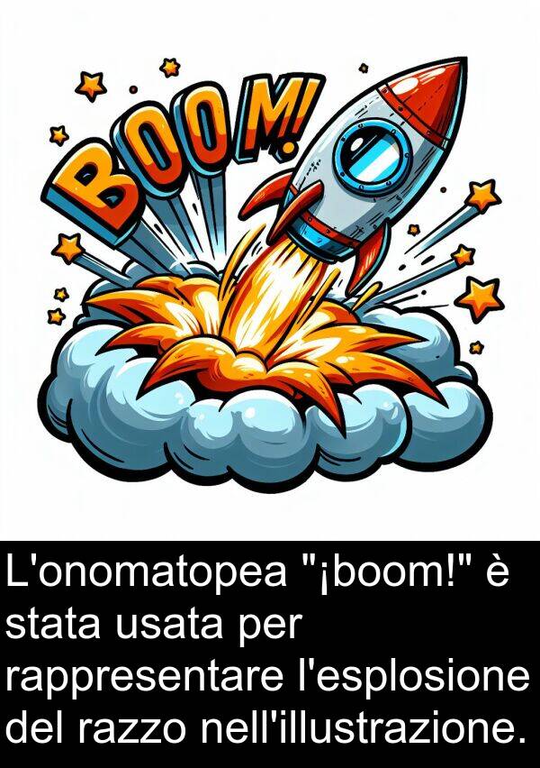 usata: L'onomatopea "¡boom!" è stata usata per rappresentare l'esplosione del razzo nell'illustrazione.