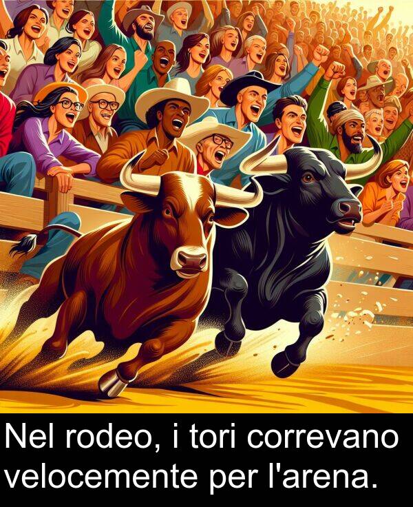 rodeo: Nel rodeo, i tori correvano velocemente per l'arena.