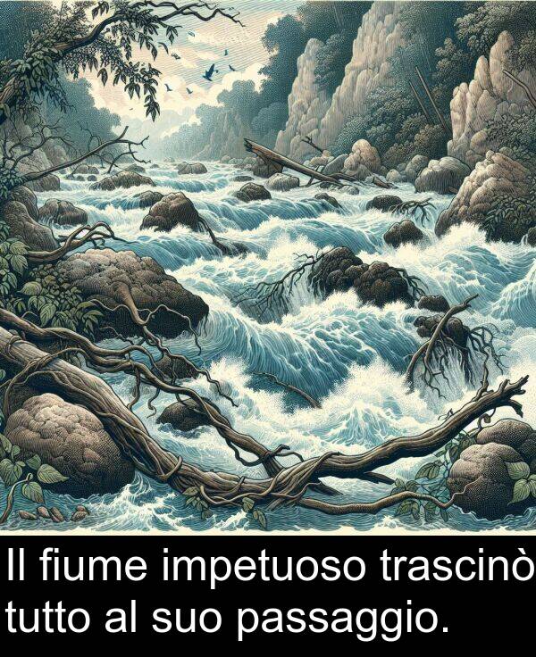 passaggio: Il fiume impetuoso trascinò tutto al suo passaggio.