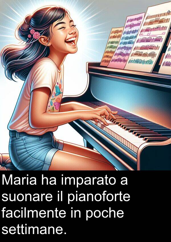 suonare: Maria ha imparato a suonare il pianoforte facilmente in poche settimane.
