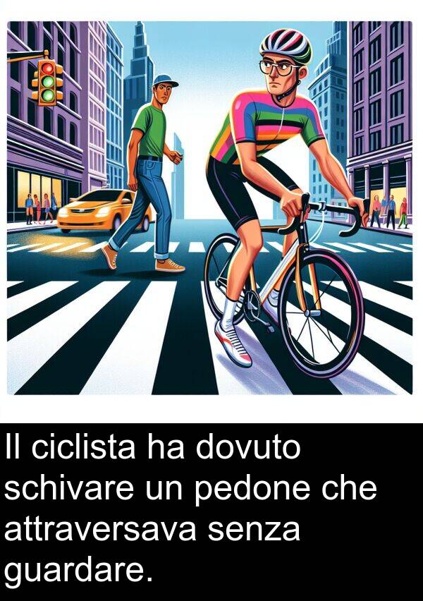 guardare: Il ciclista ha dovuto schivare un pedone che attraversava senza guardare.