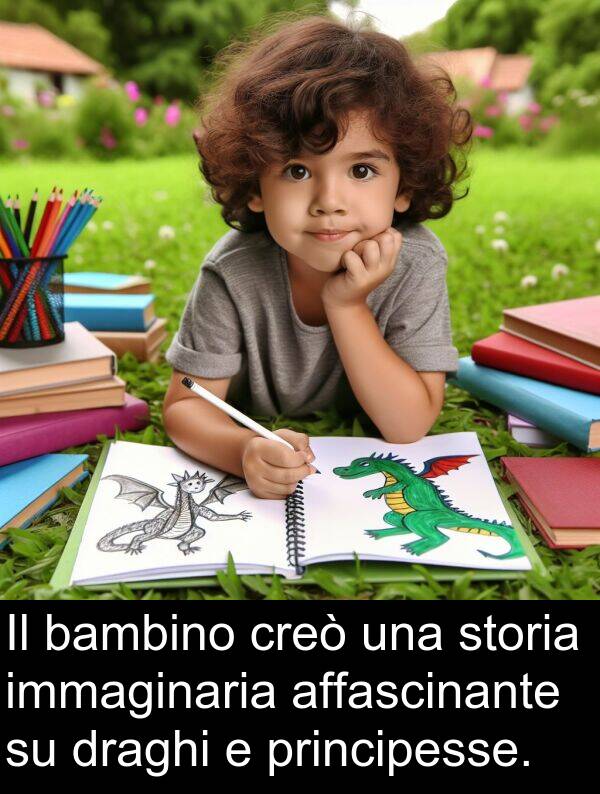 affascinante: Il bambino creò una storia immaginaria affascinante su draghi e principesse.