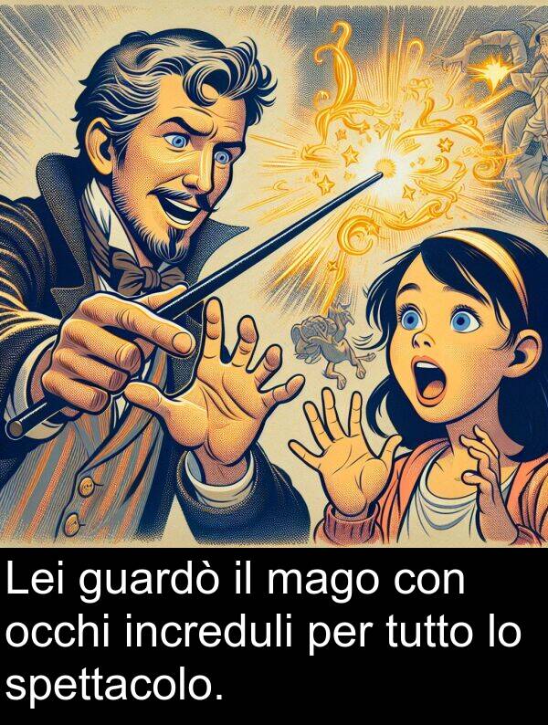 tutto: Lei guardò il mago con occhi increduli per tutto lo spettacolo.