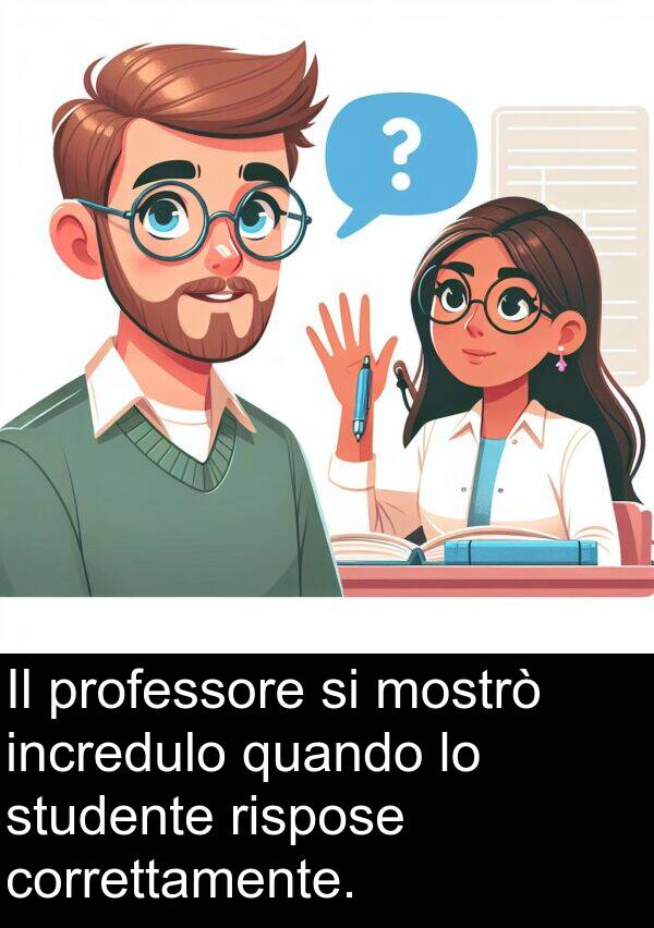 rispose: Il professore si mostrò incredulo quando lo studente rispose correttamente.