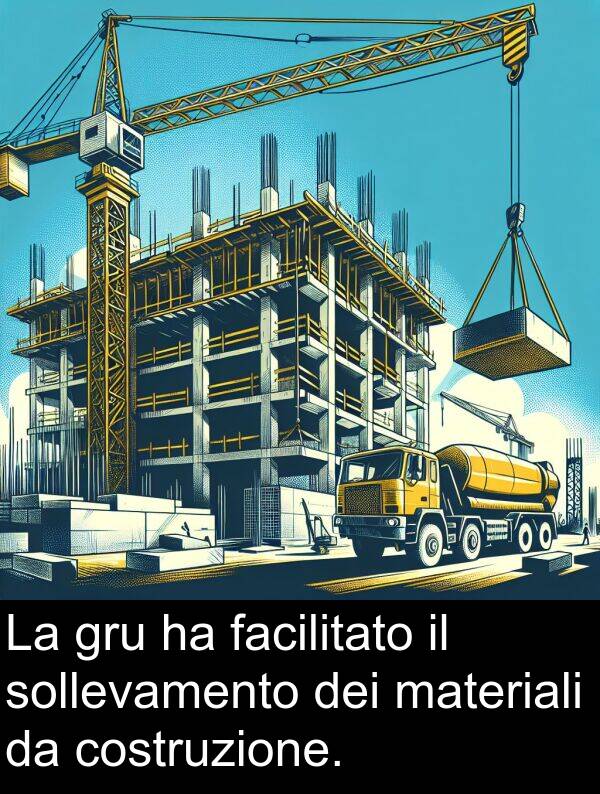 facilitato: La gru ha facilitato il sollevamento dei materiali da costruzione.