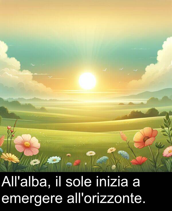 emergere: All'alba, il sole inizia a emergere all'orizzonte.