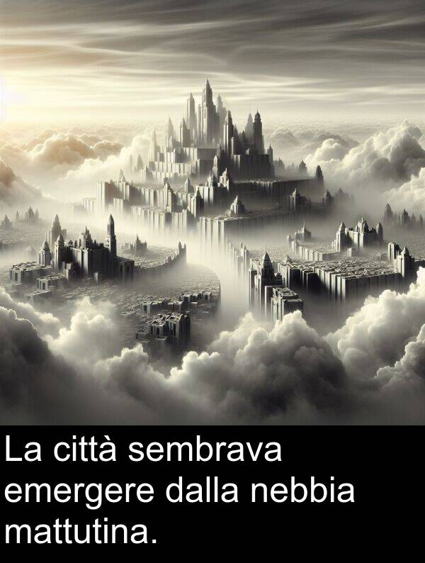 dalla: La città sembrava emergere dalla nebbia mattutina.