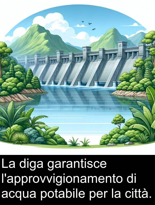 garantisce: La diga garantisce l'approvvigionamento di acqua potabile per la città.
