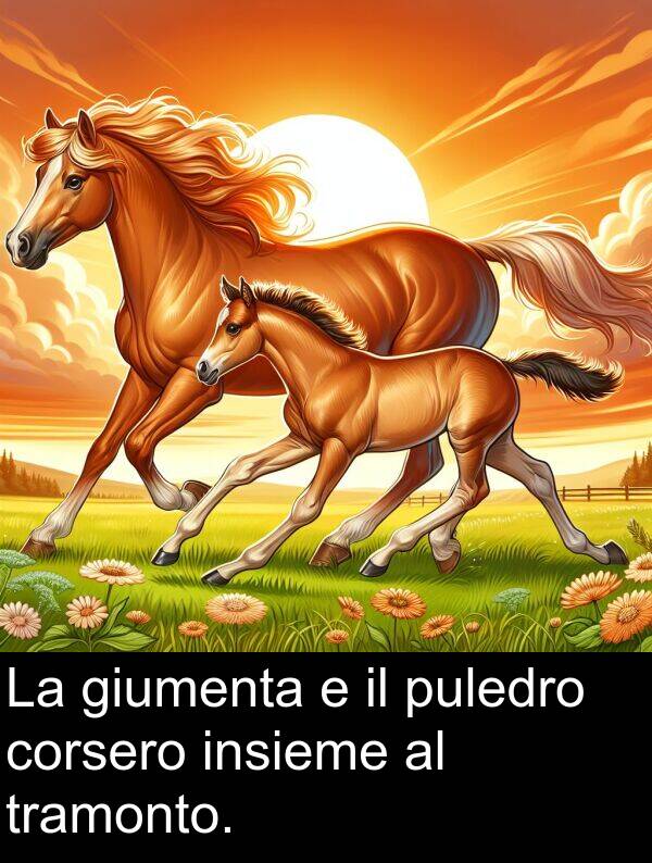 corsero: La giumenta e il puledro corsero insieme al tramonto.