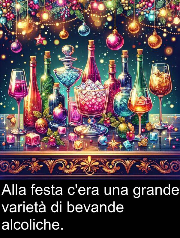 varietà: Alla festa c'era una grande varietà di bevande alcoliche.